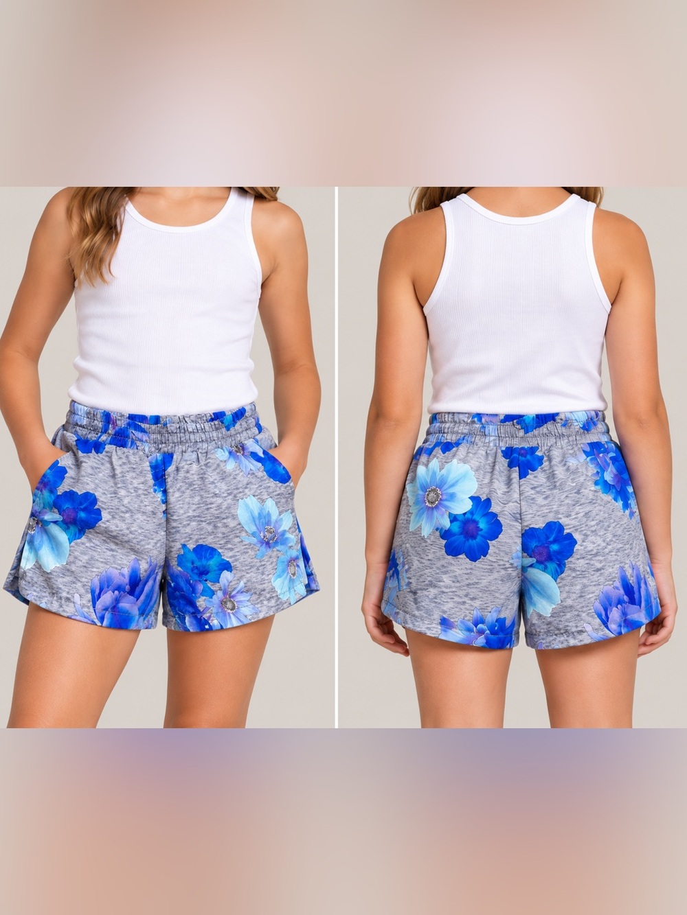 Old Navy Gray Floral Blue Elastic-Waist Girls' Shorts L 10-12yrs
